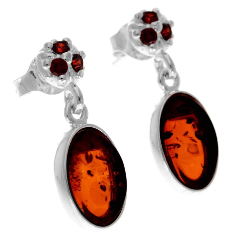 925 Sterling Silver & Genuine Baltic Amber in Combo with Cubic Zirconia Classic Drop Earrings - GL1016