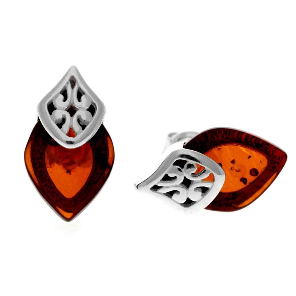 925 Sterling Silver & Genuine Baltic Amber Marquise Modern Studs Earrings - GL1017