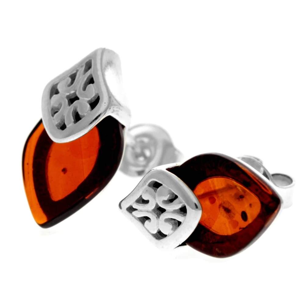 925 Sterling Silver & Genuine Baltic Amber Marquise Modern Studs Earrings - GL1017