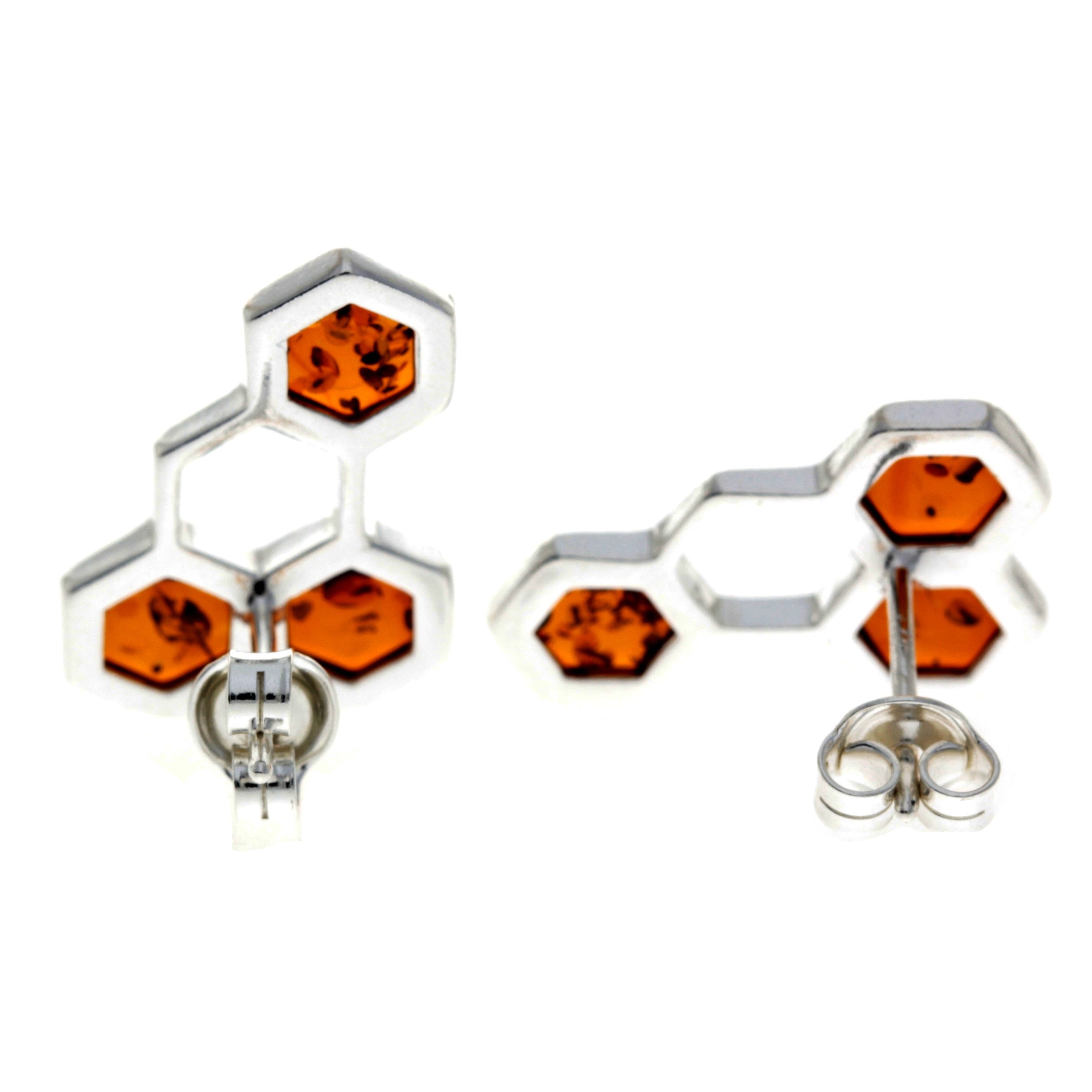 925 Sterling Silver & Genuine Baltic Amber Honeycombs Studs Earrings - GL1018