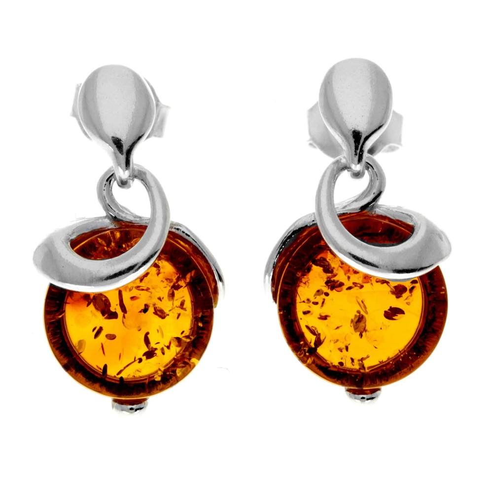 925 Sterling Silver & Genuine Baltic Amber Modern Studs Dangling Earrings - GL1019