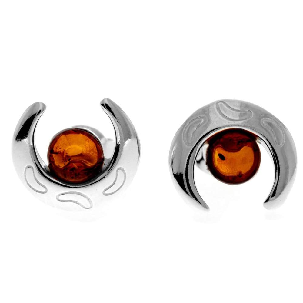 925 Sterling Silver & Genuine Baltic Amber Classic Half Moon Studs Earrings - GL1023