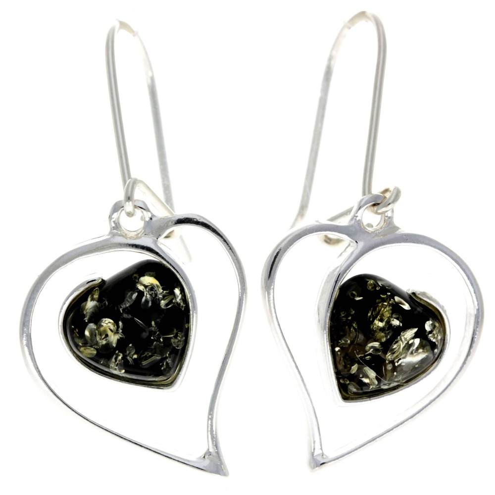 925 Sterling Silver & Genuine Baltic Amber Large Hearts Earrings - GL127