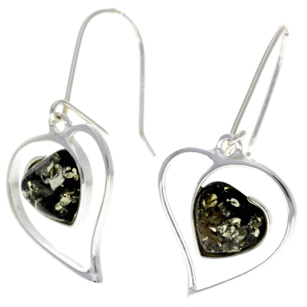 925 Sterling Silver & Genuine Baltic Amber Large Hearts Earrings - GL127