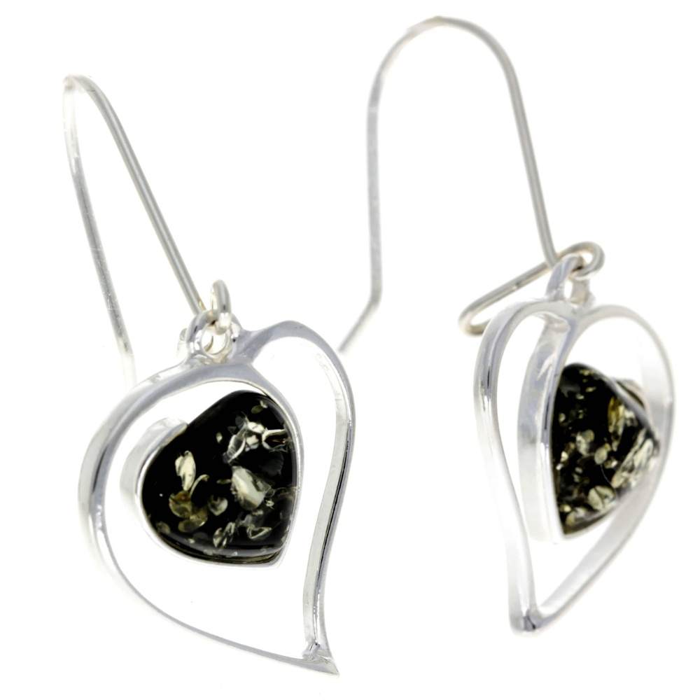 925 Sterling Silver & Genuine Baltic Amber Large Hearts Earrings - GL127