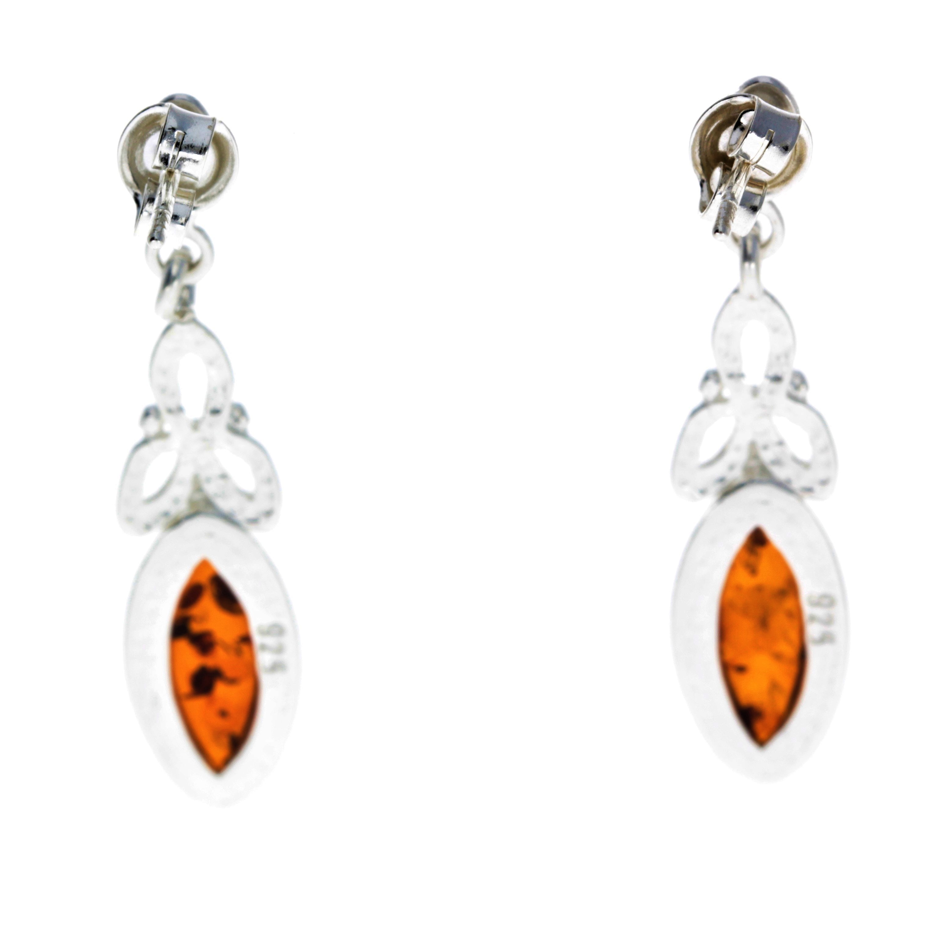 925 Sterling Silver & Genuine Baltic Amber Celtic Drop Earrings - GL143