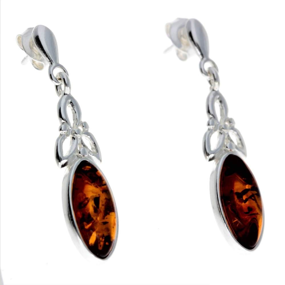 925 Sterling Silver & Genuine Baltic Amber Celtic Drop Earrings - GL143