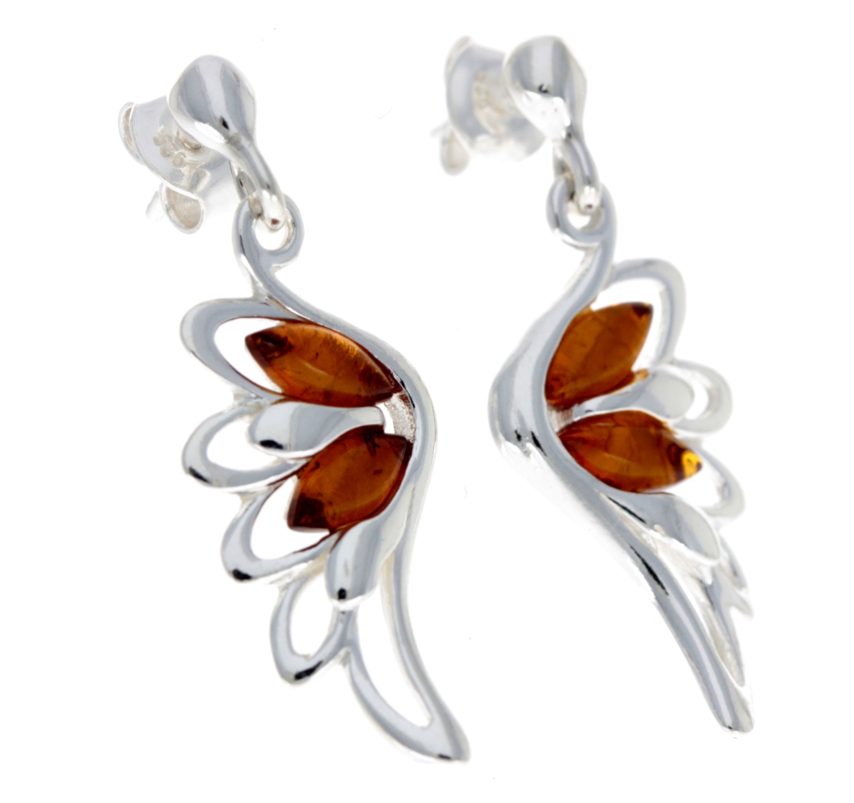 925 Sterling Silver & Baltic Amber Angel Wings Drop Earrings GL148