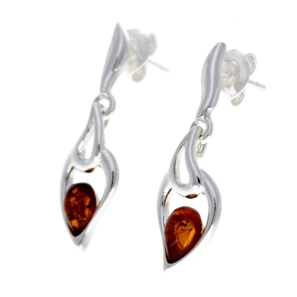 925 Sterling Silver & Genuine Baltic Amber Modern Drop Earrings - GL152