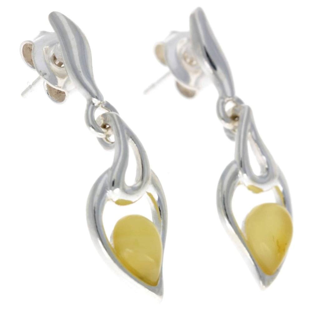 925 Sterling Silver & Genuine Baltic Amber Modern Drop Earrings - GL152