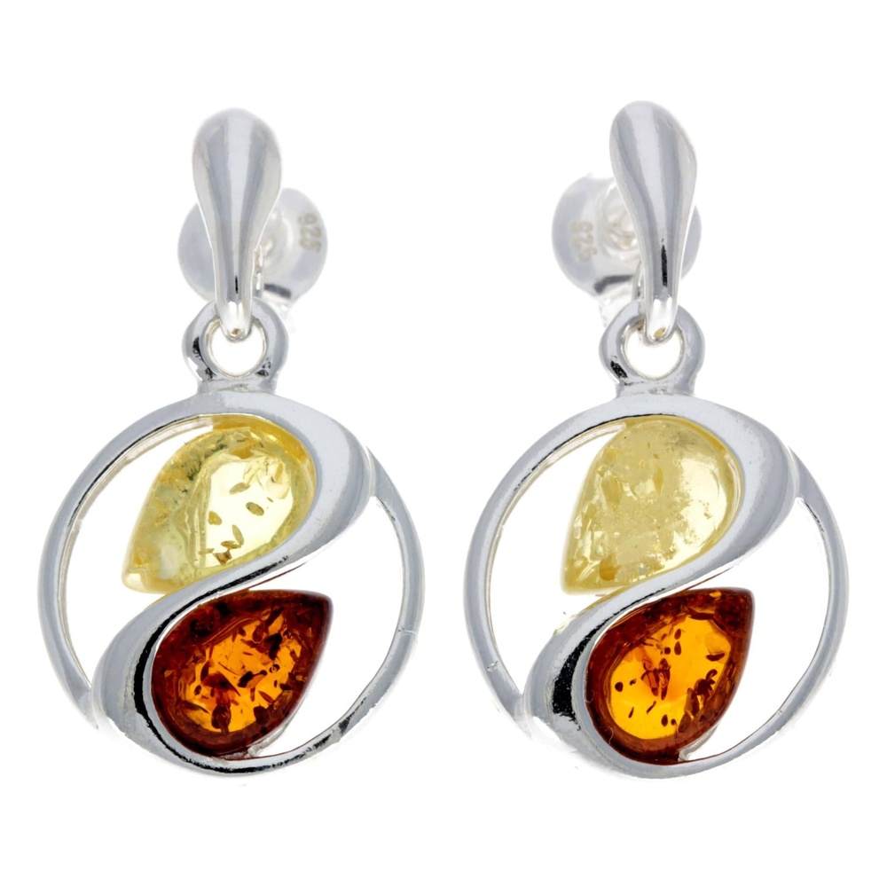 925 Sterling Silver & Genuine Baltic Amber Modern Drop Earrings - GL153