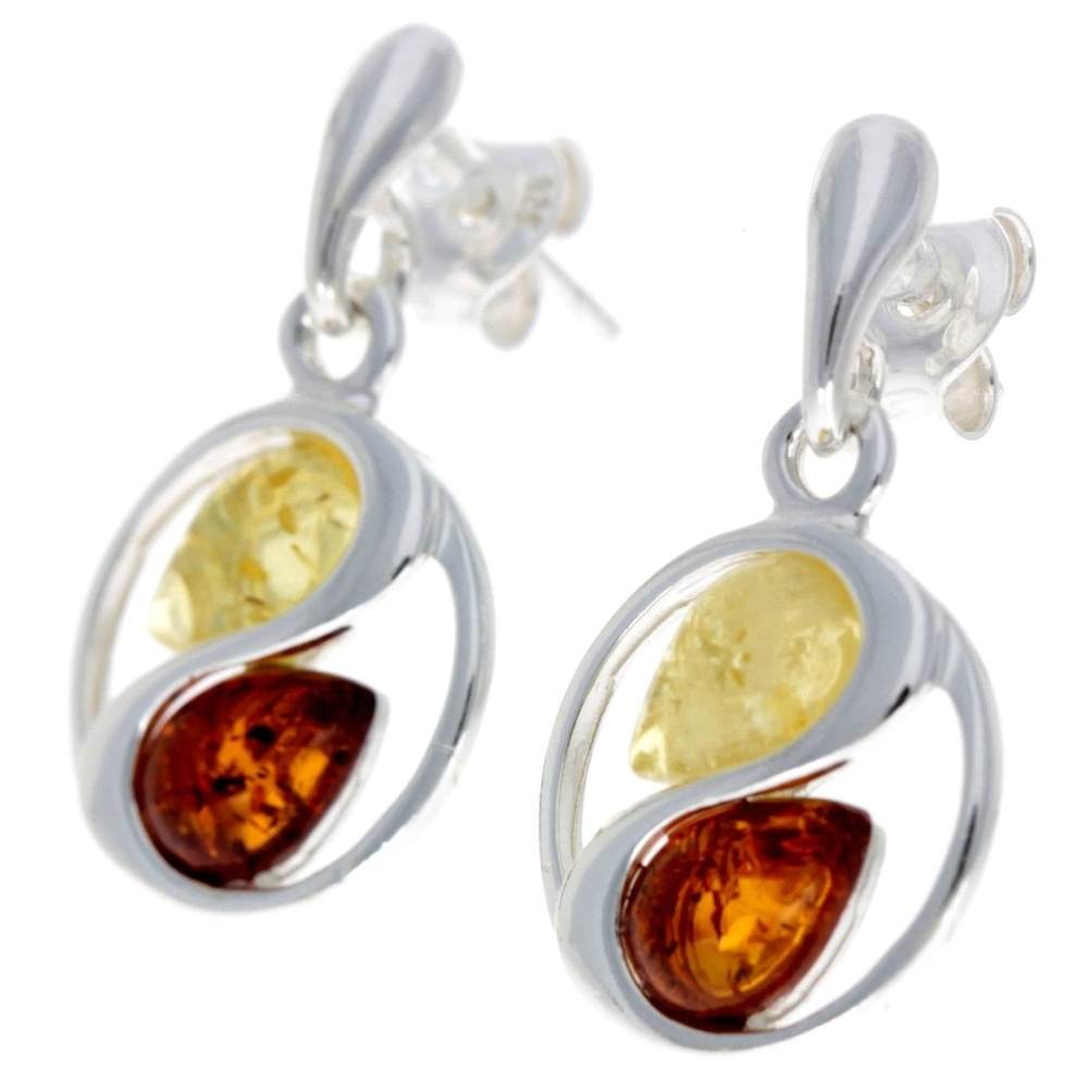 925 Sterling Silver & Genuine Baltic Amber Modern Drop Earrings - GL153