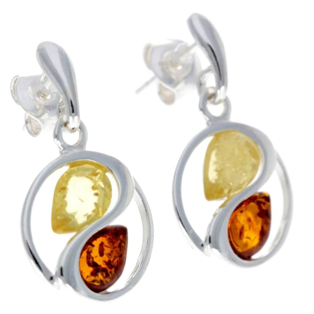 925 Sterling Silver & Genuine Baltic Amber Modern Drop Earrings - GL153