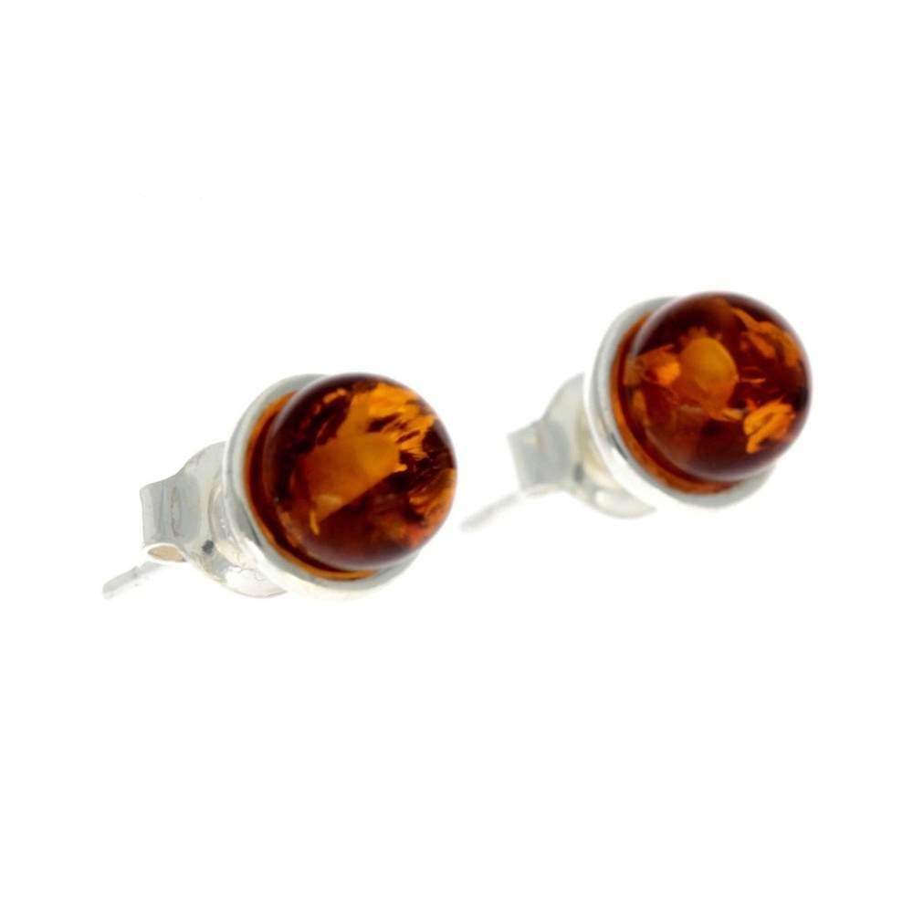 925 Sterling Silver & Genuine Baltic Amber Classic Round Studs Earrings - GL157