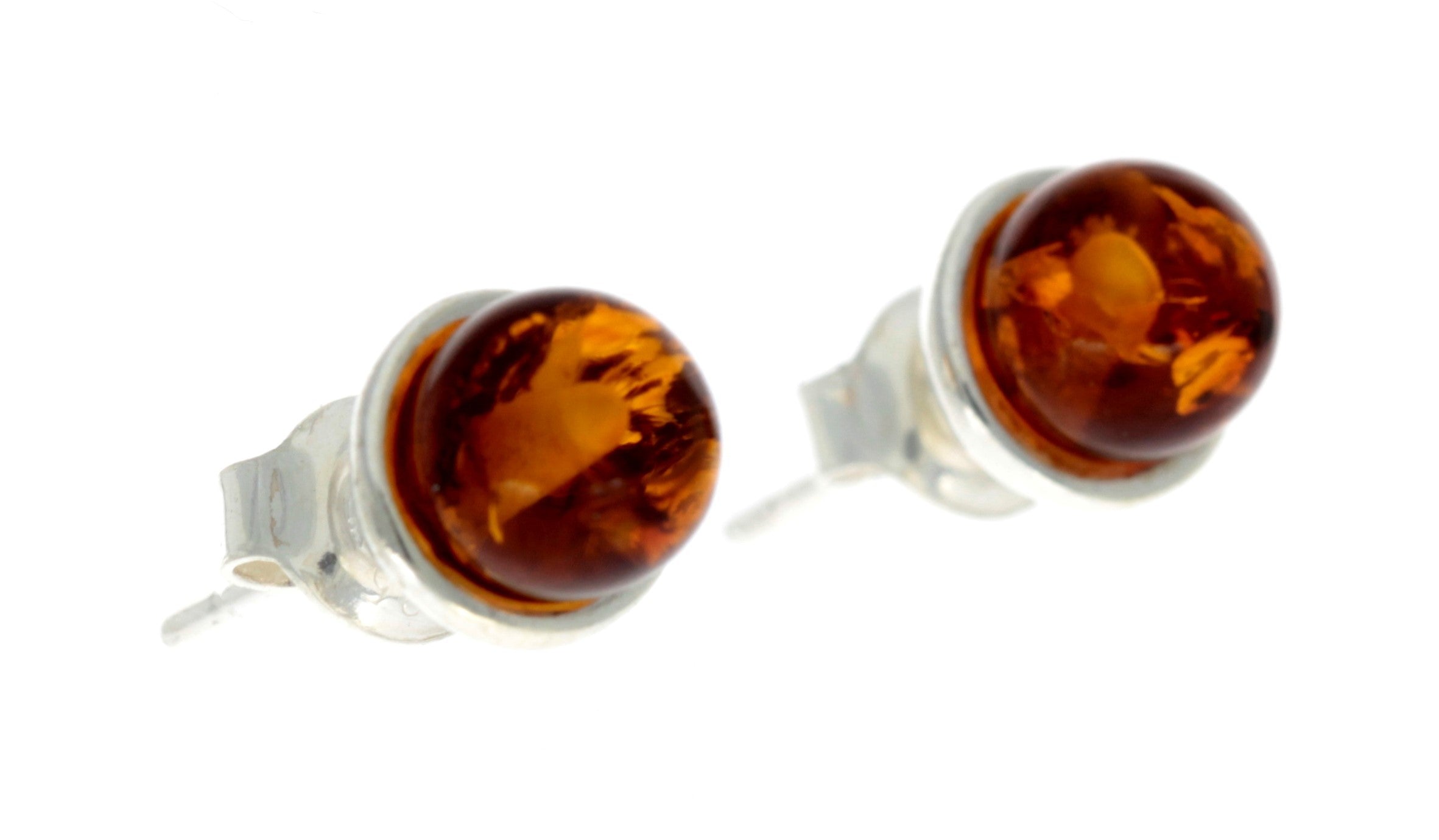 925 Sterling Silver & Genuine Baltic Amber Classic Round Studs Earrings - GL157