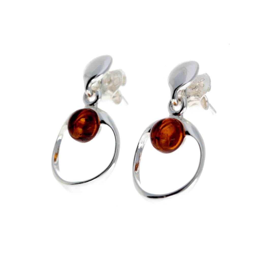 925 Sterling Silver & Genuine Baltic Amber Modern Drop Earrings - GL165