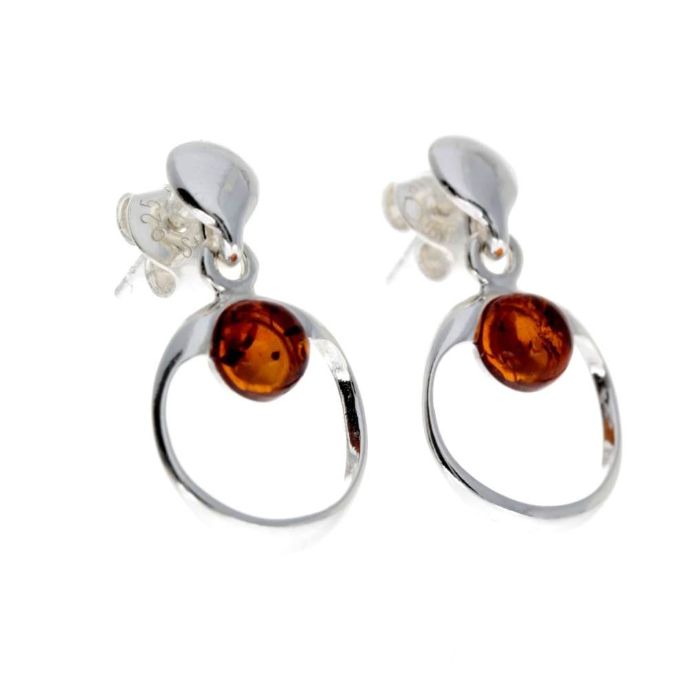 925 Sterling Silver & Genuine Baltic Amber Modern Drop Earrings - GL165