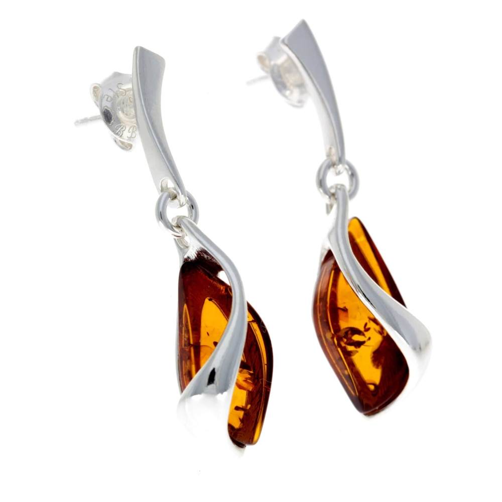 925 Sterling Silver & Genuine Baltic Amber Modern Drop Earrings - GL166