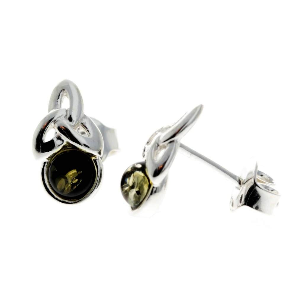 925 Sterling Silver & Genuine Baltic Amber Modern Celtic Studs Earrings - GL167