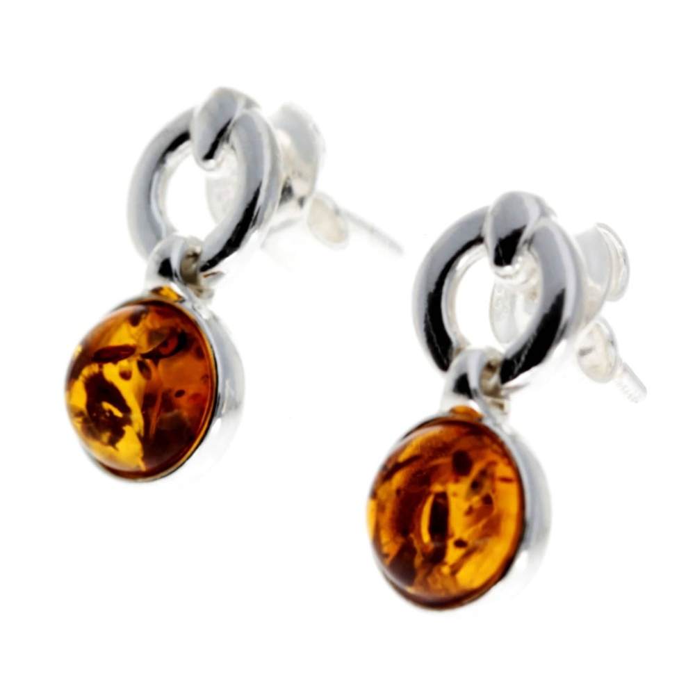 925 Sterling Silver & Genuine Baltic Amber Modern Drop Earrings - GL168