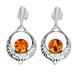 925 Sterling Silver & Genuine Baltic Amber Modern Drop Earrings - GL170