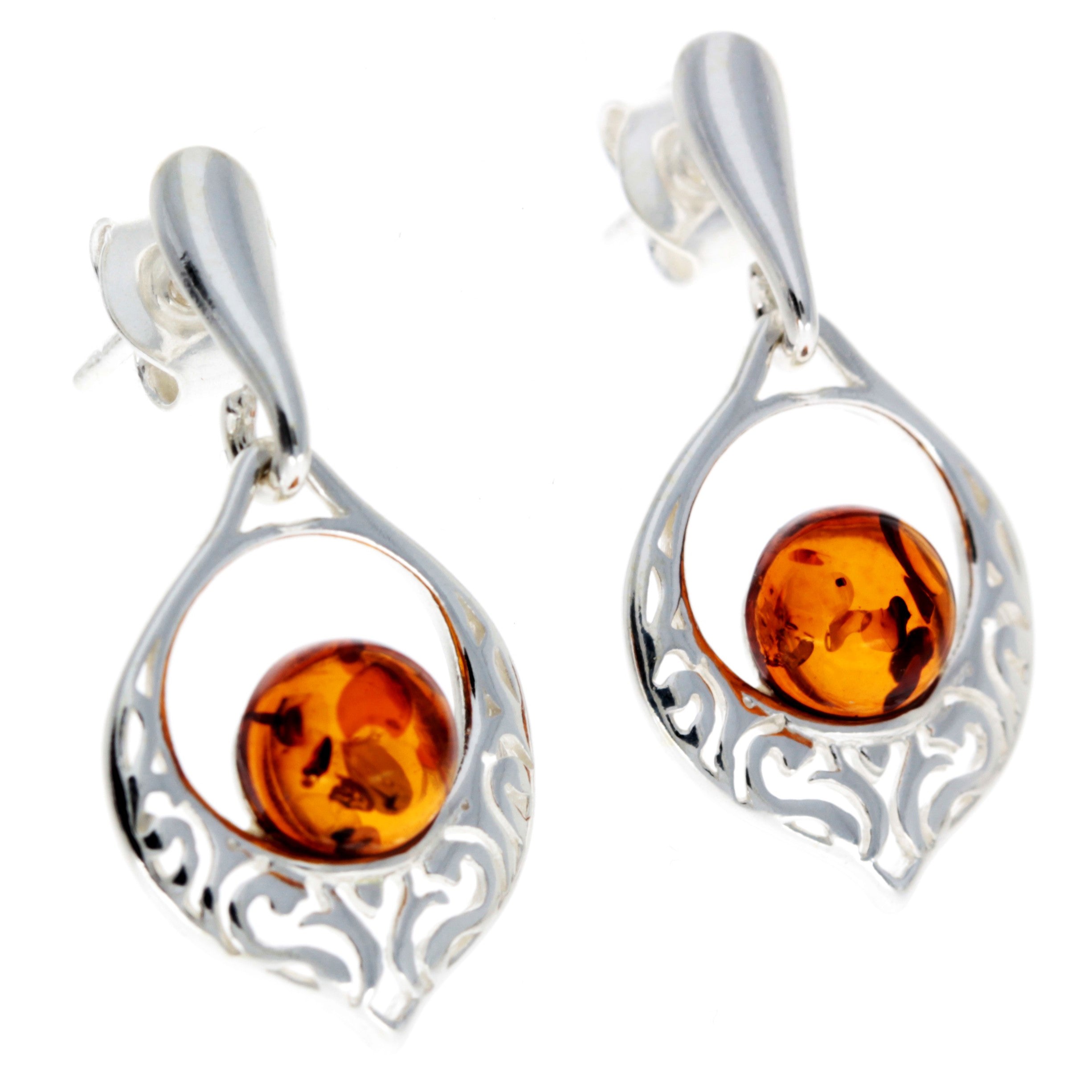 925 Sterling Silver & Genuine Baltic Amber Modern Drop Earrings - GL170