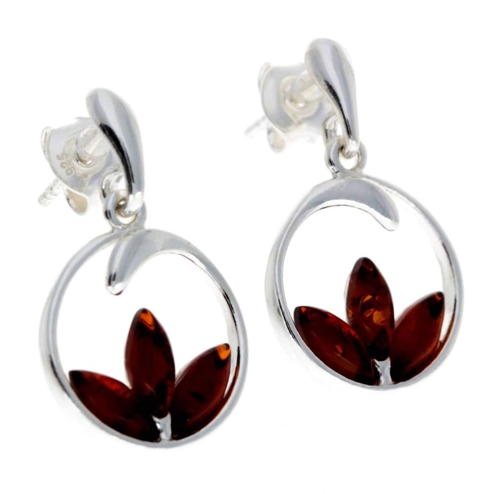 925 Sterling Silver & Genuine Baltic Amber Modern Drop Earrings - GL171