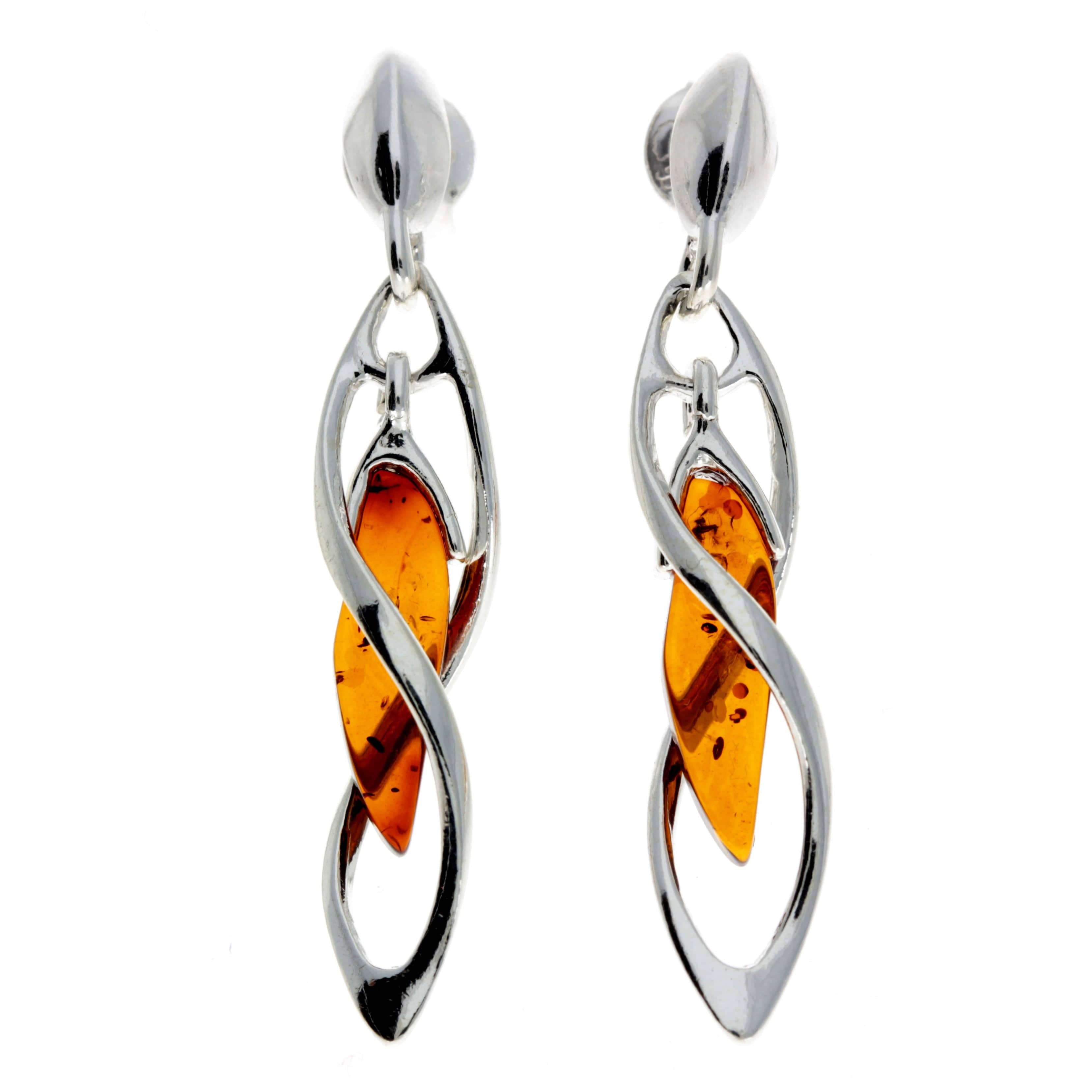 925 Sterling Silver & Genuine Baltic Amber Modern Drop Earrings - GL172