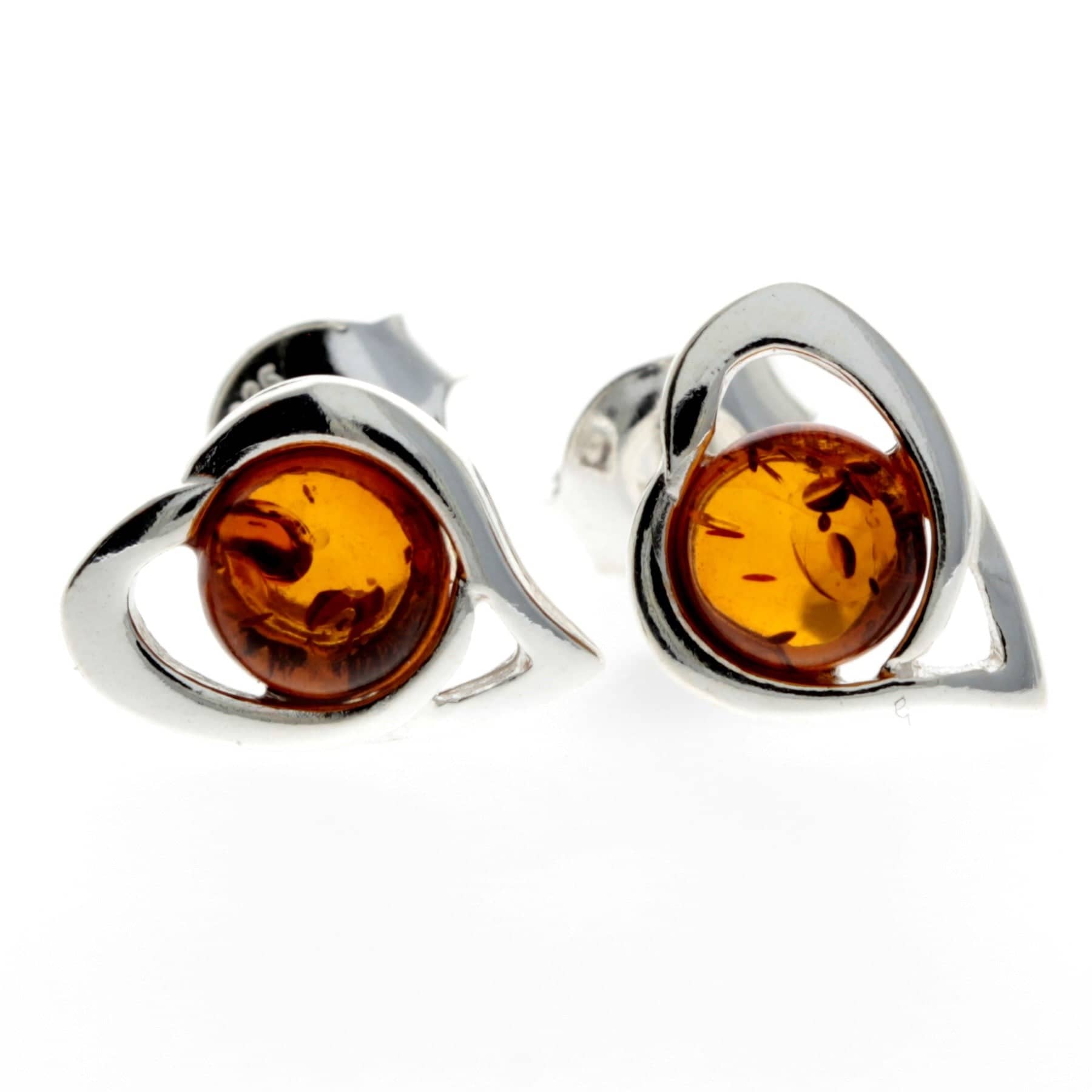 925 Sterling Silver & Genuine Baltic Amber Heart Studs Earrings - GL173