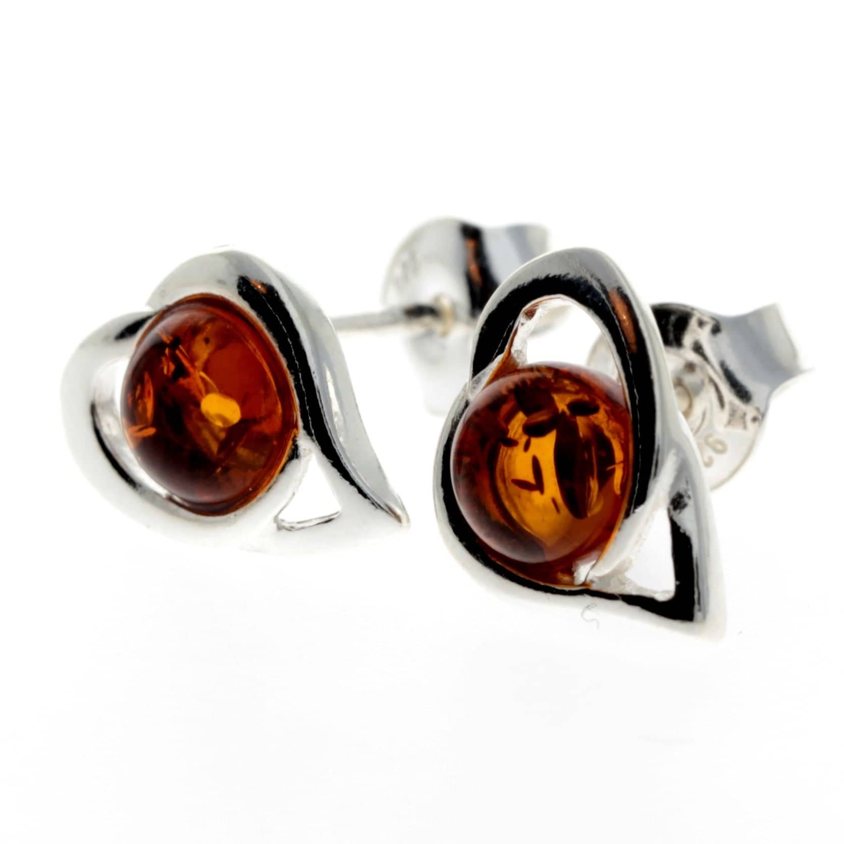 925 Sterling Silver & Genuine Baltic Amber Heart Studs Earrings - GL173