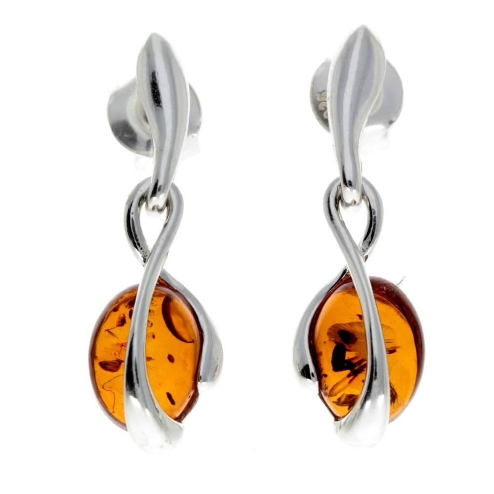 925 Sterling Silver & Genuine Baltic Amber Modern Drop Earrings - GL175