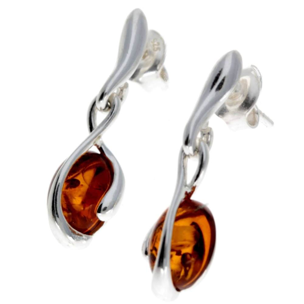 925 Sterling Silver & Genuine Baltic Amber Modern Drop Earrings - GL175