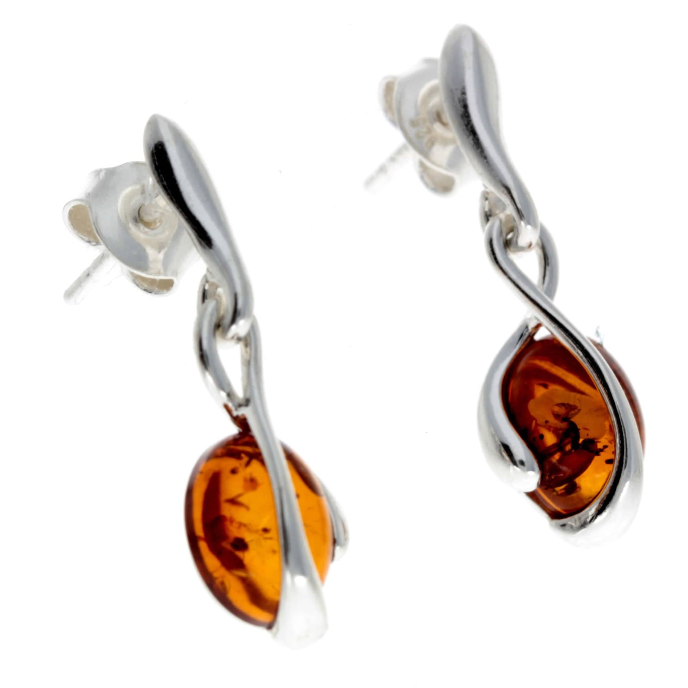 925 Sterling Silver & Genuine Baltic Amber Modern Drop Earrings - GL175