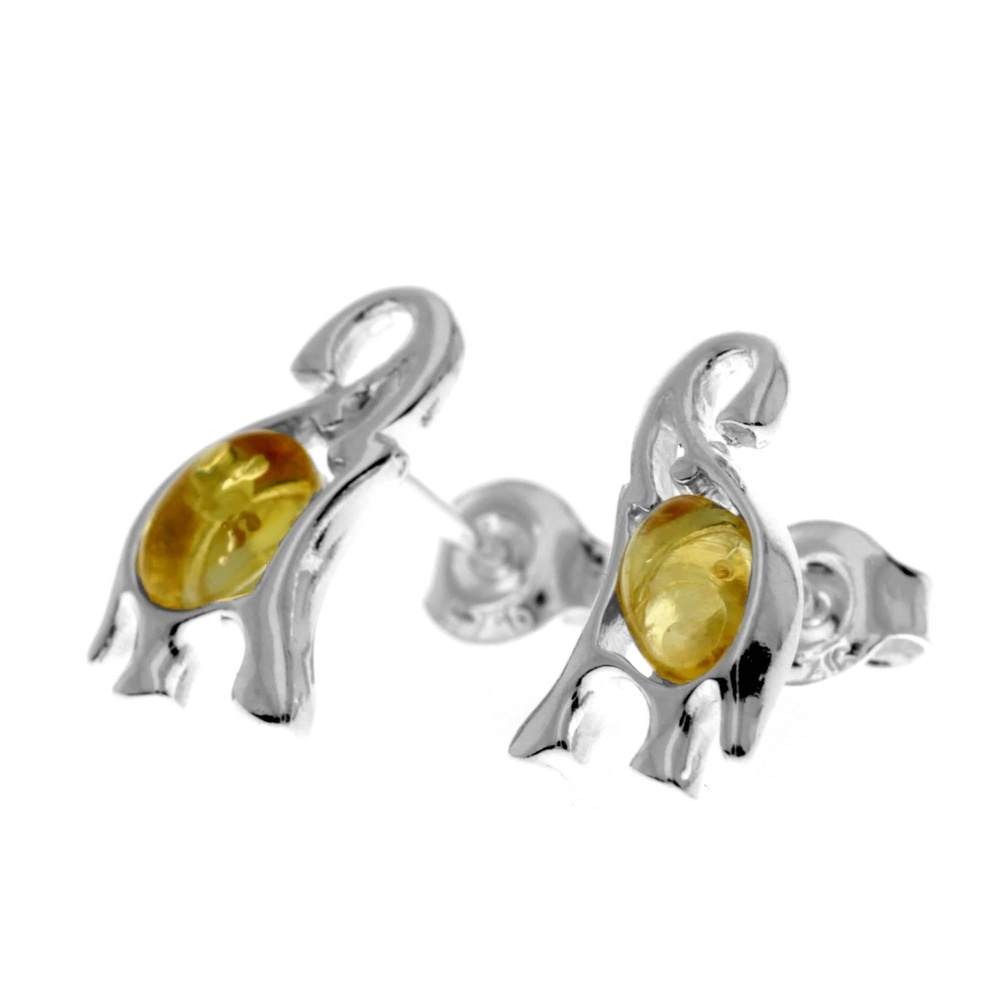 925 Sterling Silver & Baltic Amber Elephant Stud Earrings - GL176