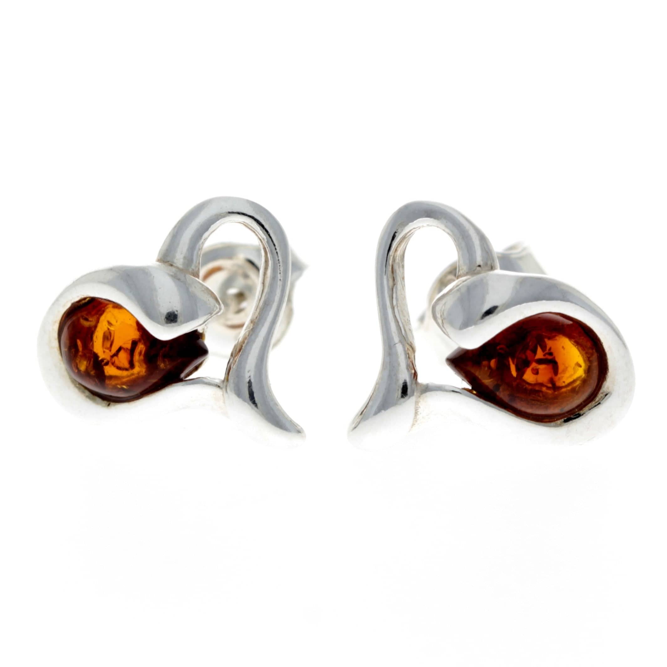 925 Sterling Silver & Genuine Baltic Amber Modern Hearts Studs Earrings - GL178