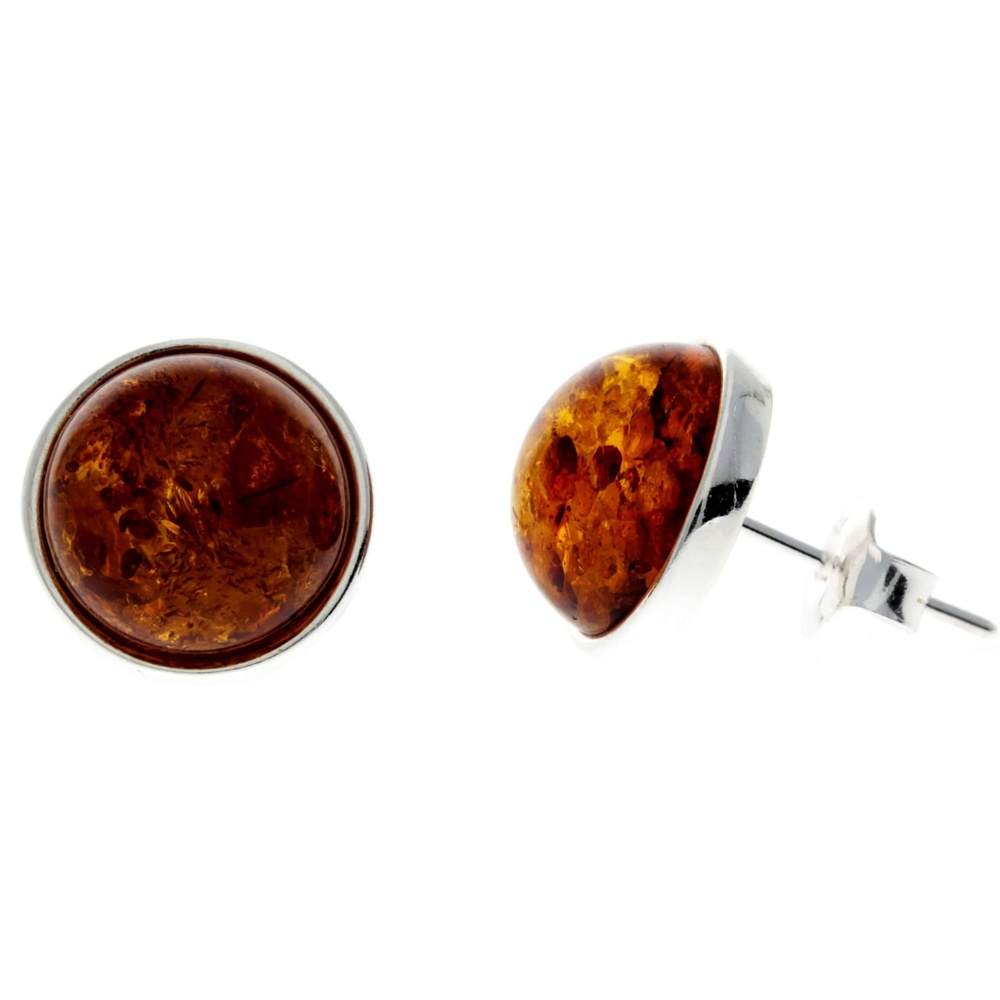 925 Sterling Silver & Genuine Baltic Amber Classic Round Studs Earrings various sizes - GL189