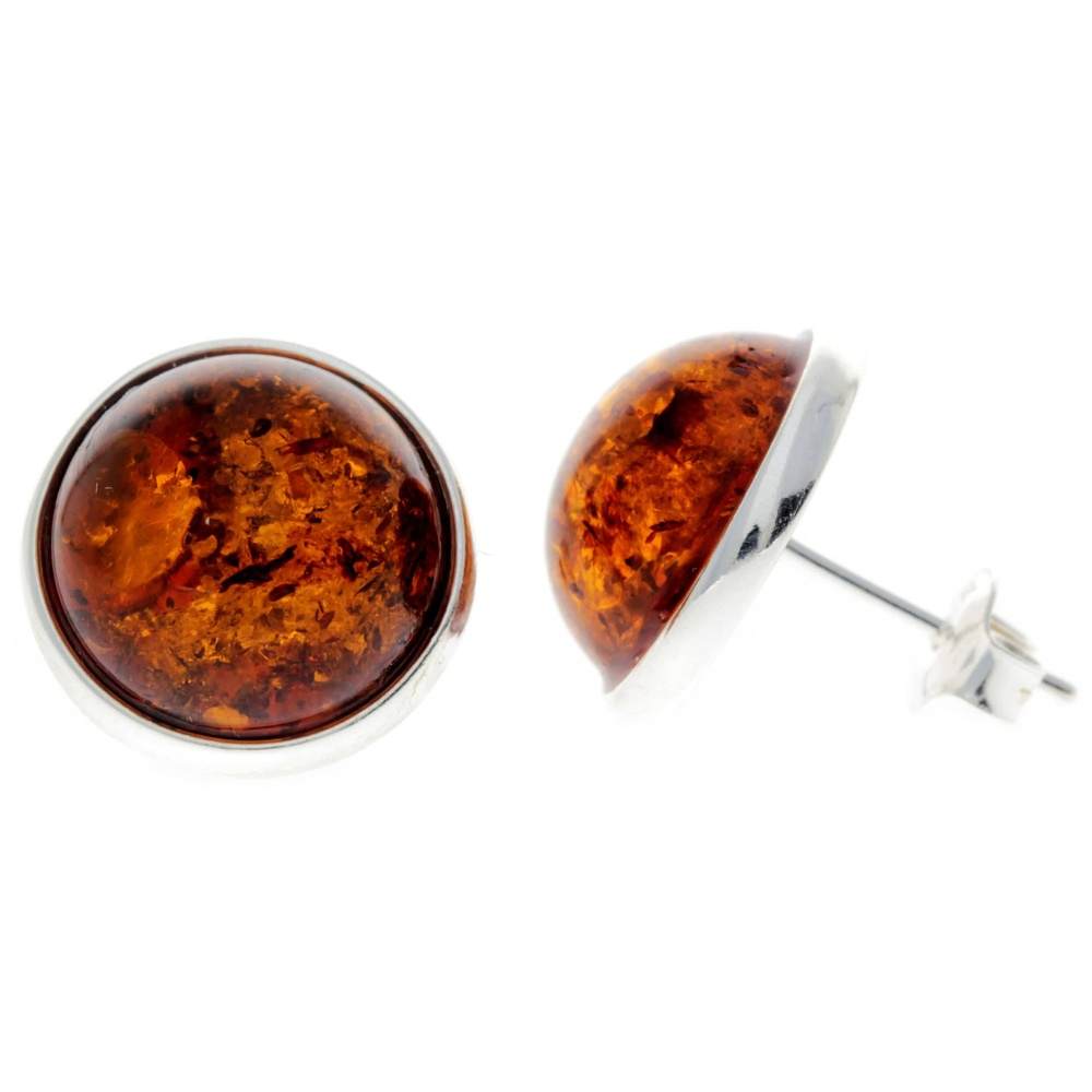 925 Sterling Silver & Genuine Baltic Amber Classic Round Studs Earrings various sizes - GL189