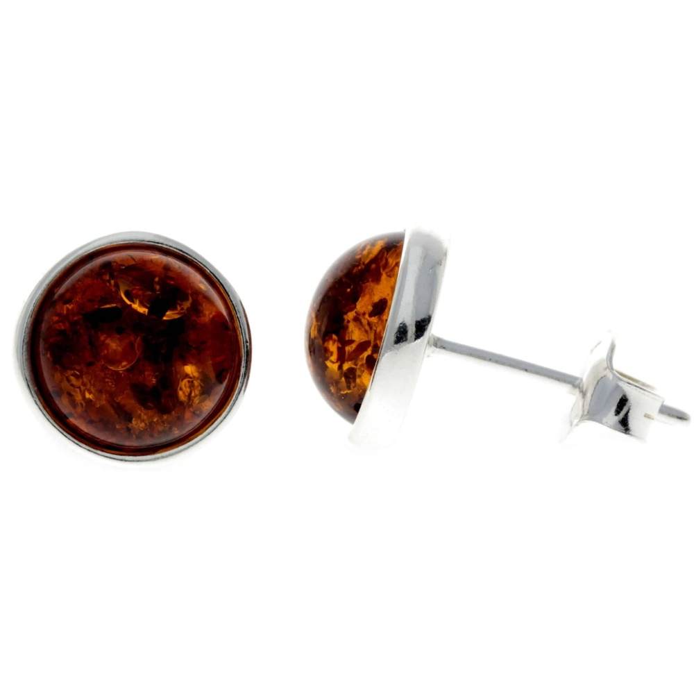 925 Sterling Silver & Genuine Baltic Amber Classic Round Studs Earrings various sizes - GL189