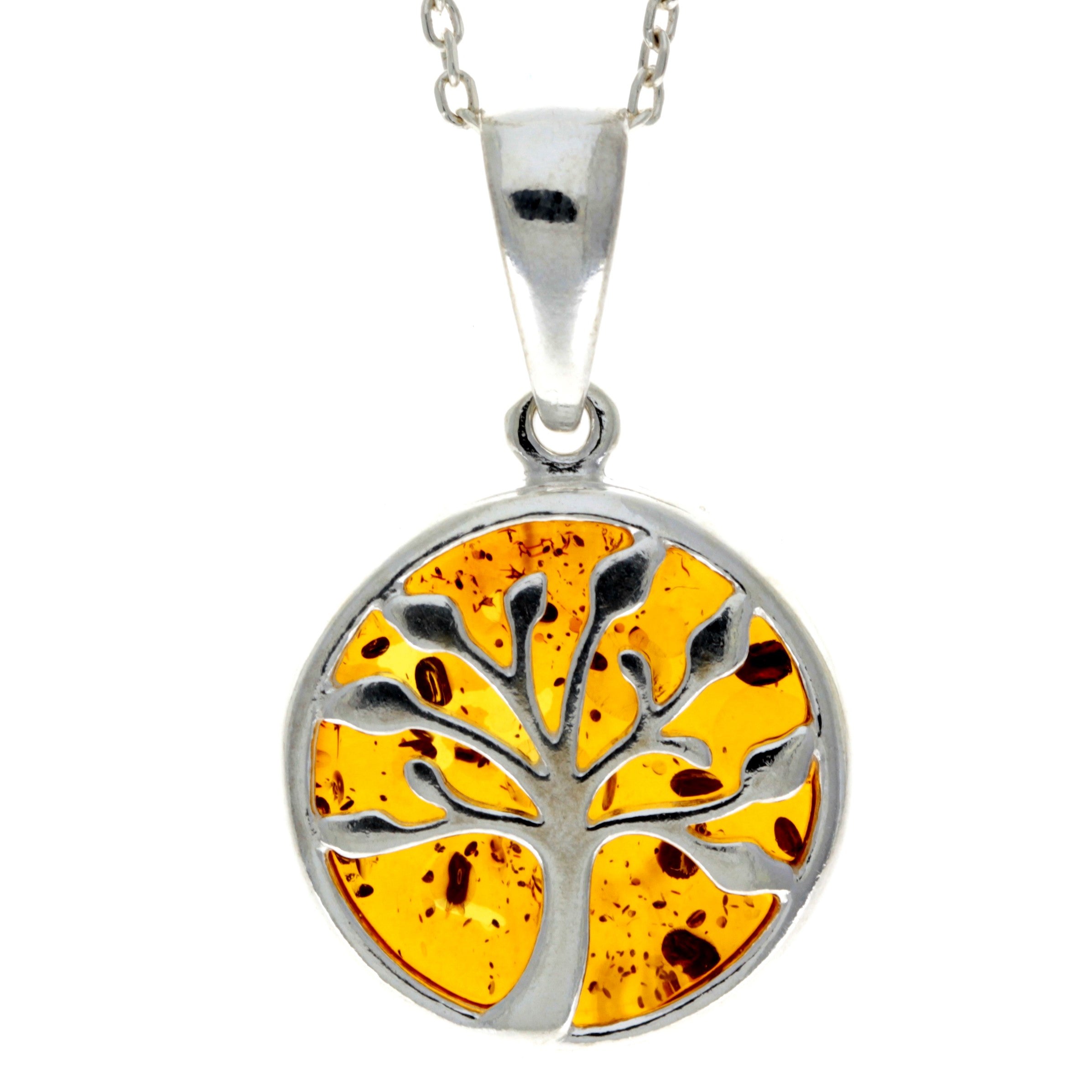 925 Sterling Silver & Genuine Baltic Amber Tree of Life Pendant - GL2031