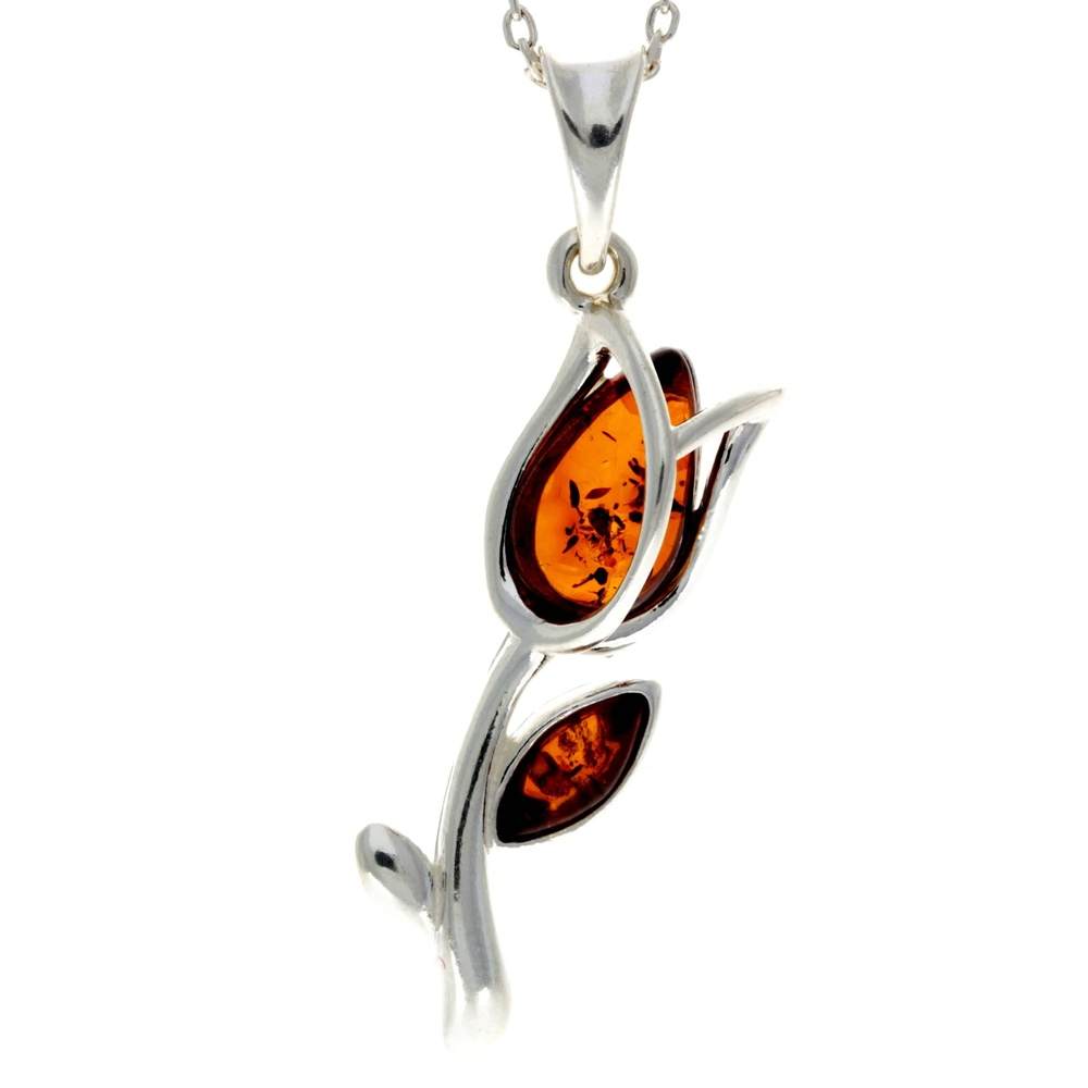 925 Sterling Silver & Genuine Baltic Amber Tulip Modern Pendant - GL2033