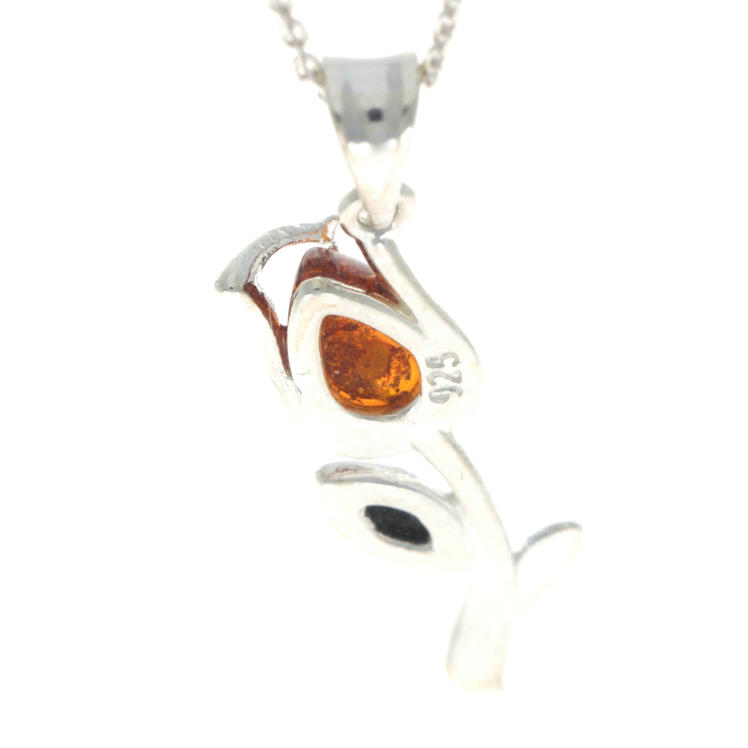925 Sterling Silver & Genuine Baltic Amber Tulip Modern Pendant - GL2033