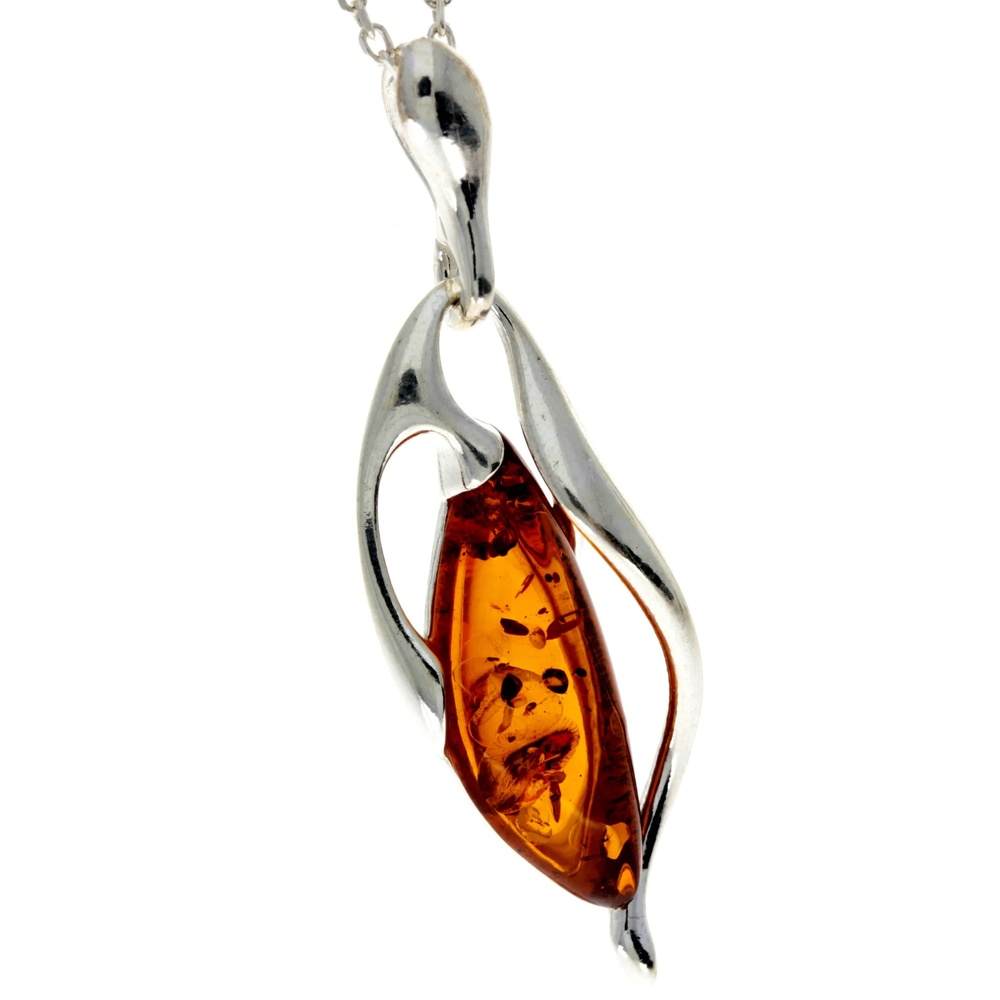 925 Sterling Silver & Genuine Baltic Amber Modern Pendant - GL2036