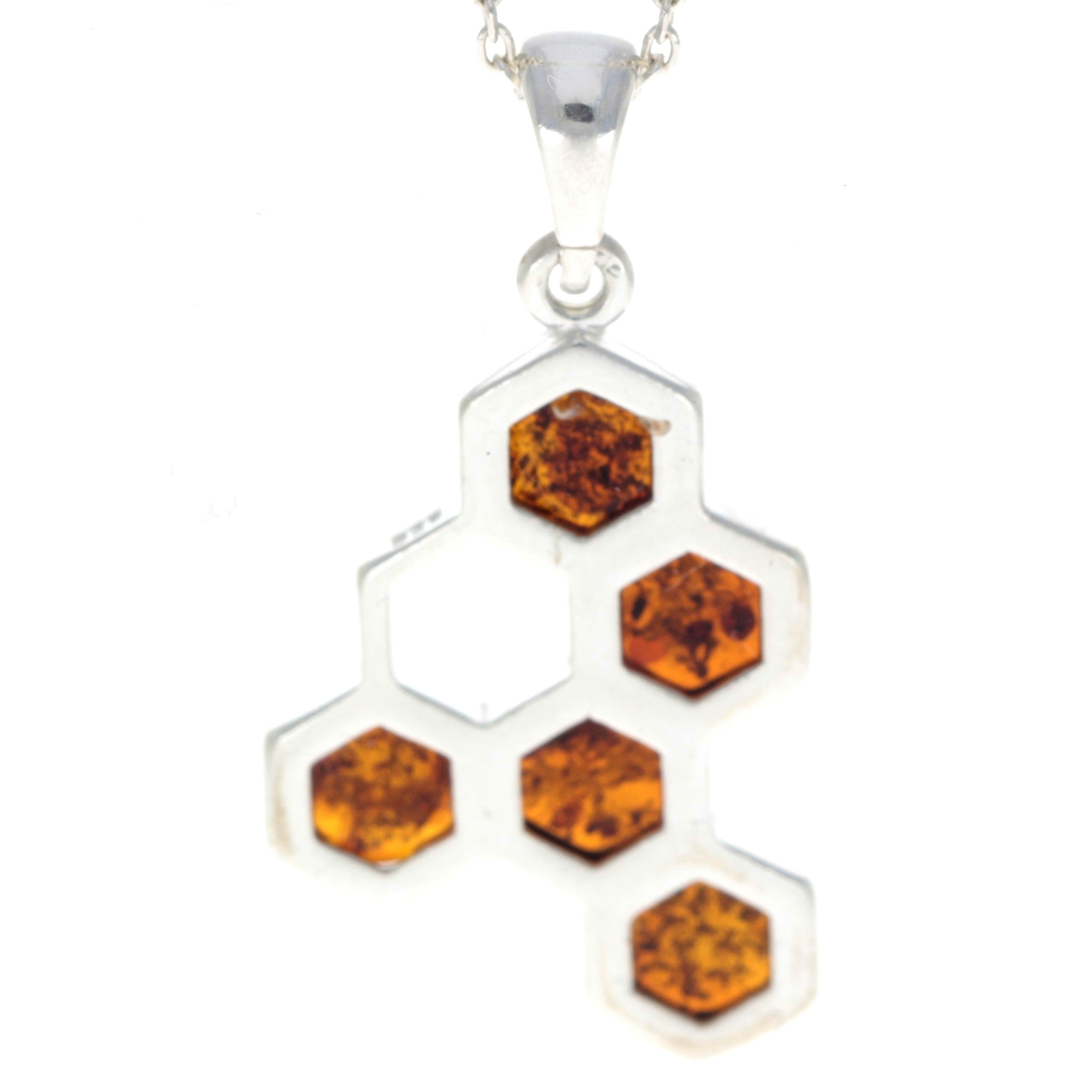 925 Sterling Silver & Genuine Baltic Amber Modern Honeycomb Pendant - GL2039