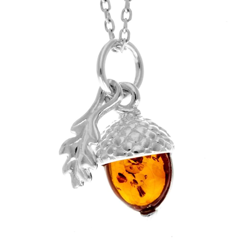 925 Sterling Silver & Genuine Baltic Amber Modern Acorn Pendant - GL2041