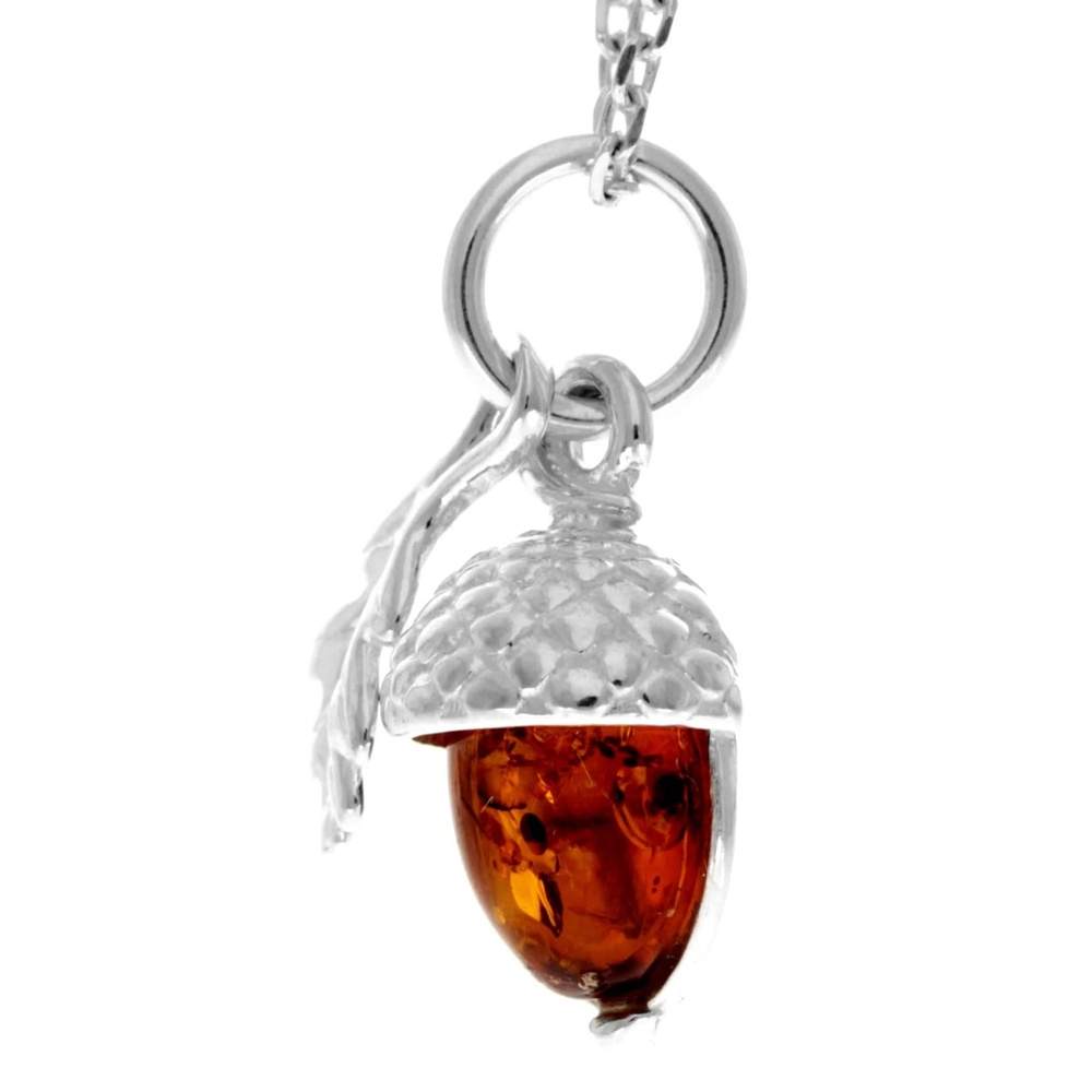 925 Sterling Silver & Genuine Baltic Amber Modern Acorn Pendant - GL2041