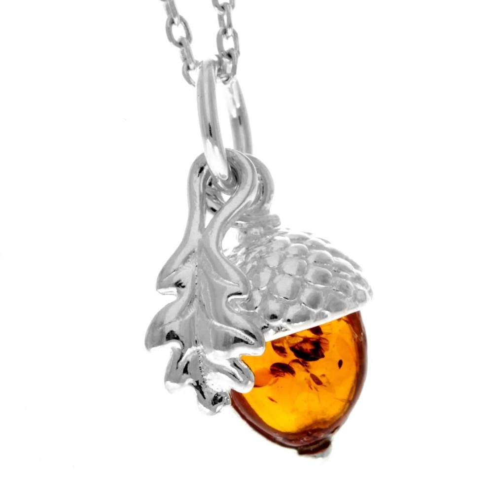 925 Sterling Silver & Genuine Baltic Amber Modern Acorn Pendant - GL2041