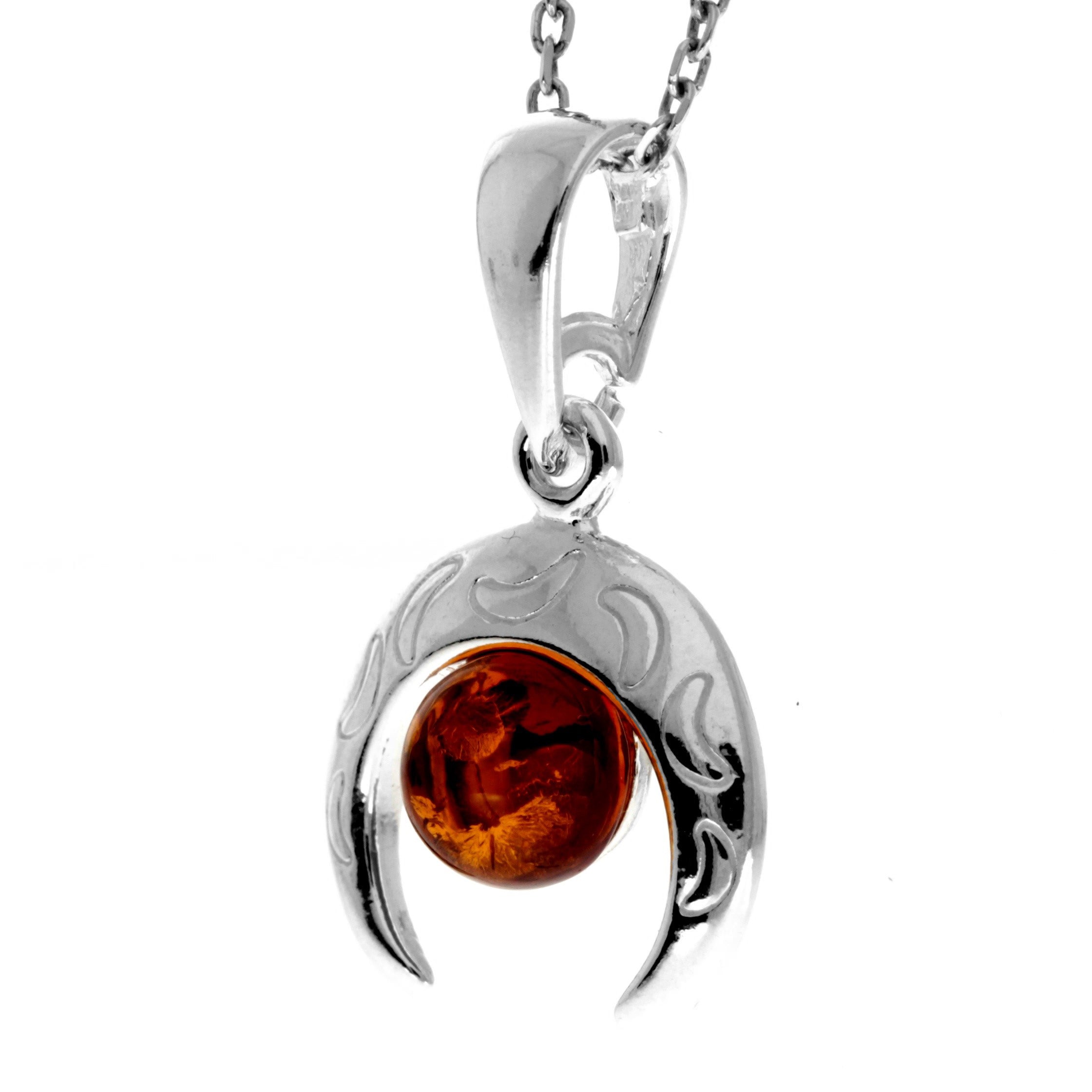 925 Sterling Silver & Genuine Baltic Amber Half Moon Modern Pendant - GL2044