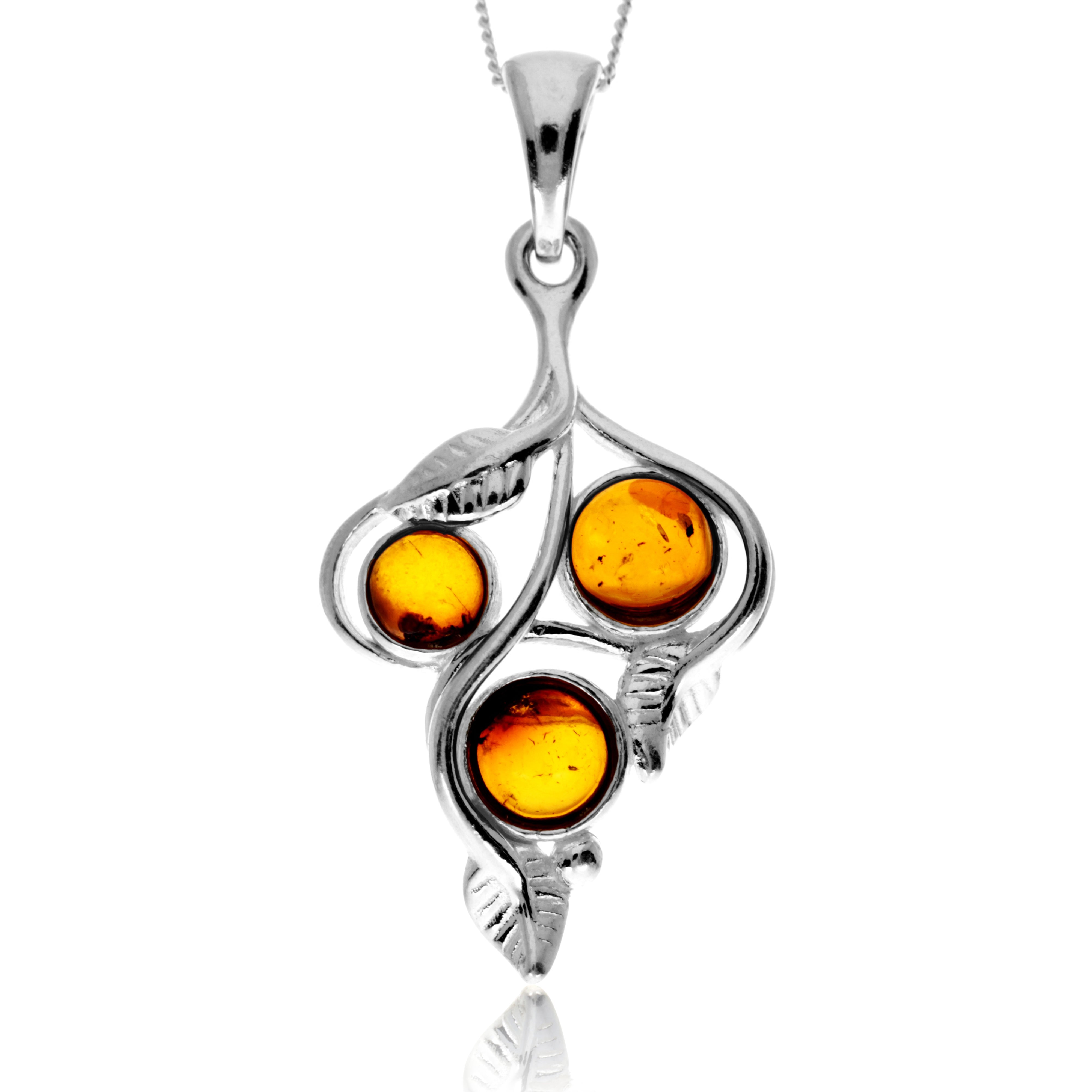 925 Steling Silver & Genuine Baltic Amber Contemporary Leaf Pendant - GL2046