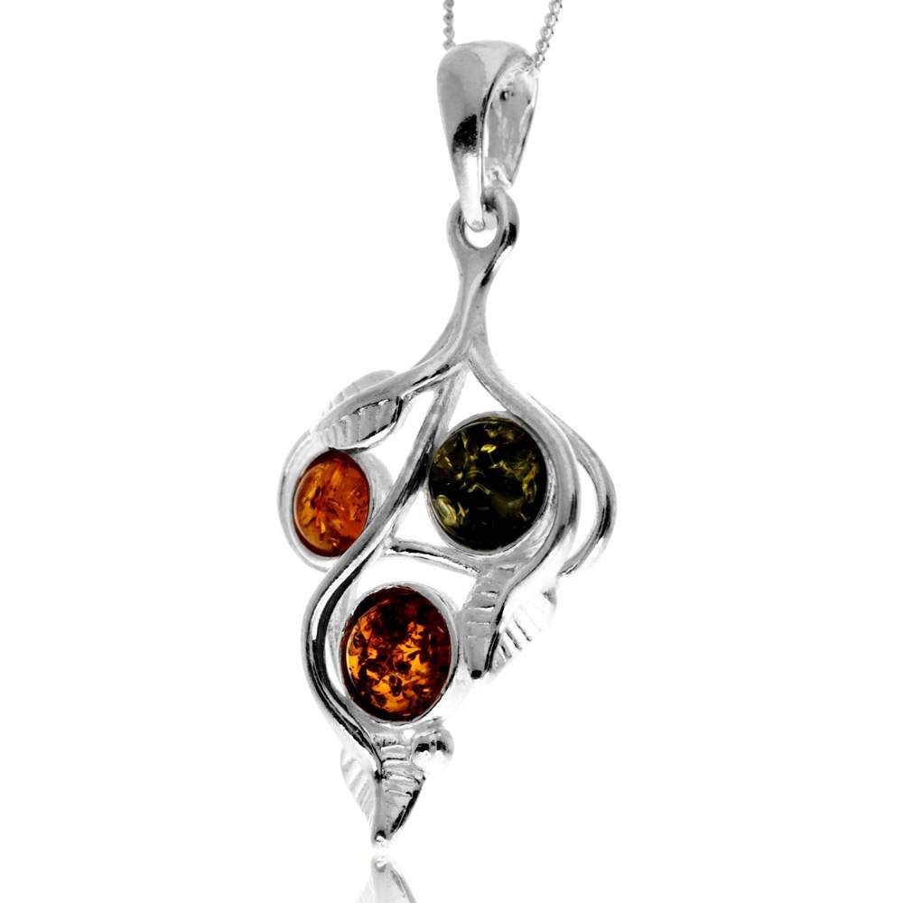 925 Steling Silver & Genuine Baltic Amber Contemporary Leaf Pendant - GL2046