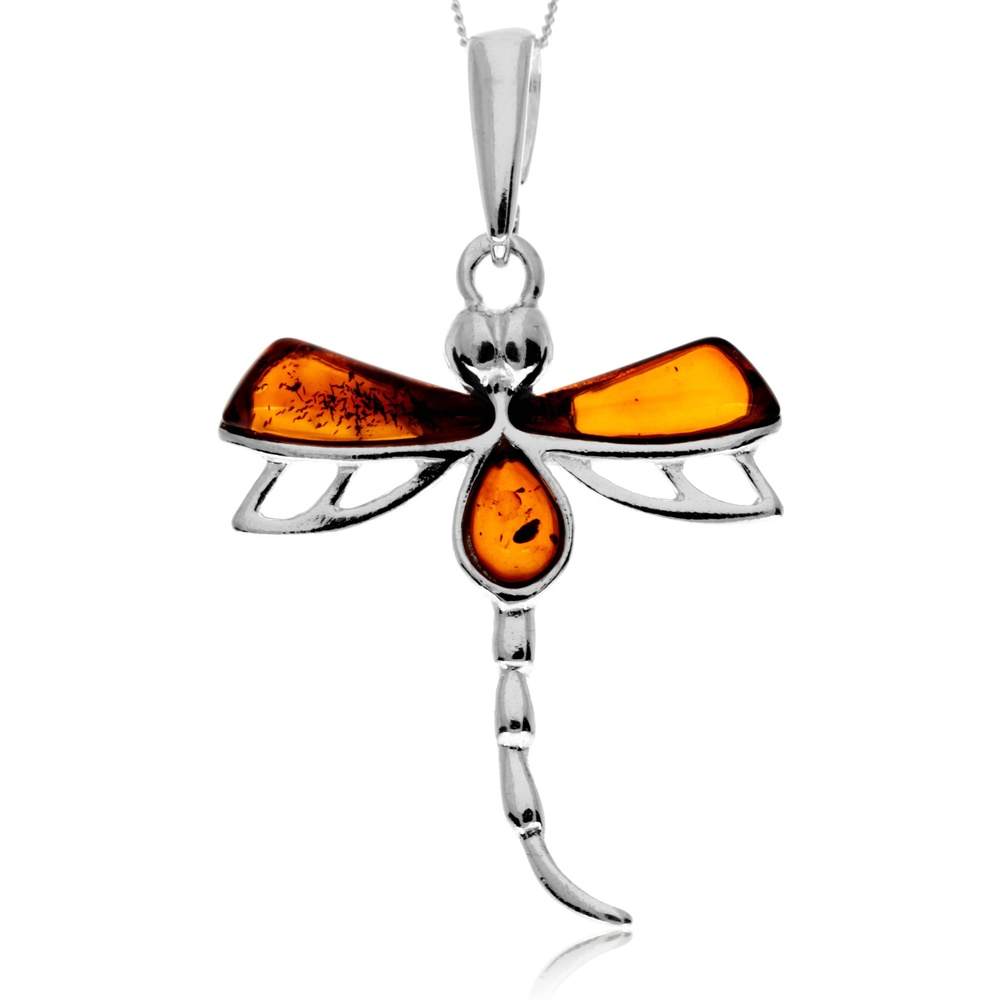 925 Steling Silver & Genuine Baltic Amber Dragonfly Pendant - GL2049